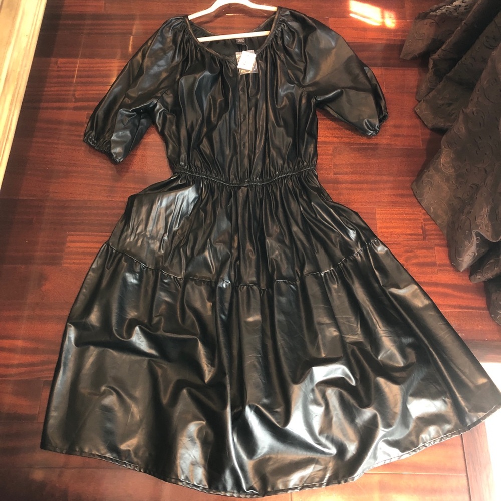 Ashley Stewart Tiered Black Faux Leather Midi Dress with Puff Sleeves